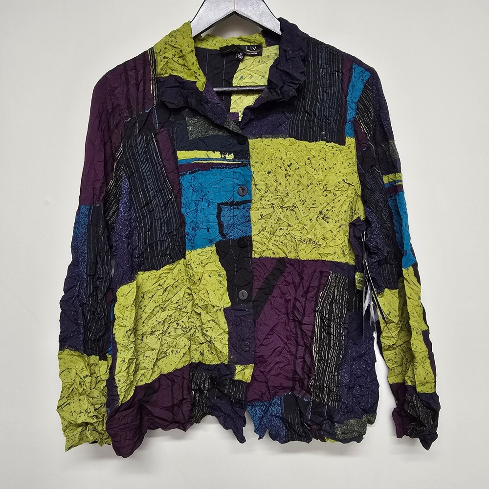 LIV by Habitat Crinkle Shirt Womens M Purple Green Patchwork Lagenlook Artsy